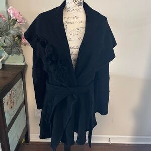 Lord & Taylor 100% Wool Floral Tie Wrap Coat Black